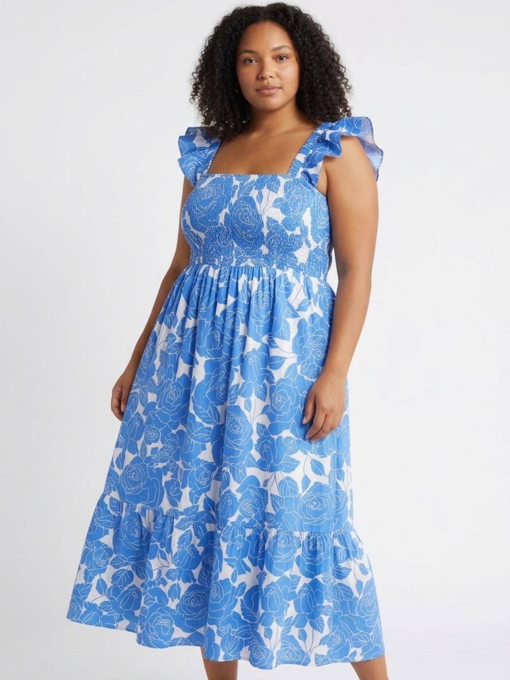 London Times Ivory/ Blue and White Floral Ruffle Maxi Dress (size 16W)